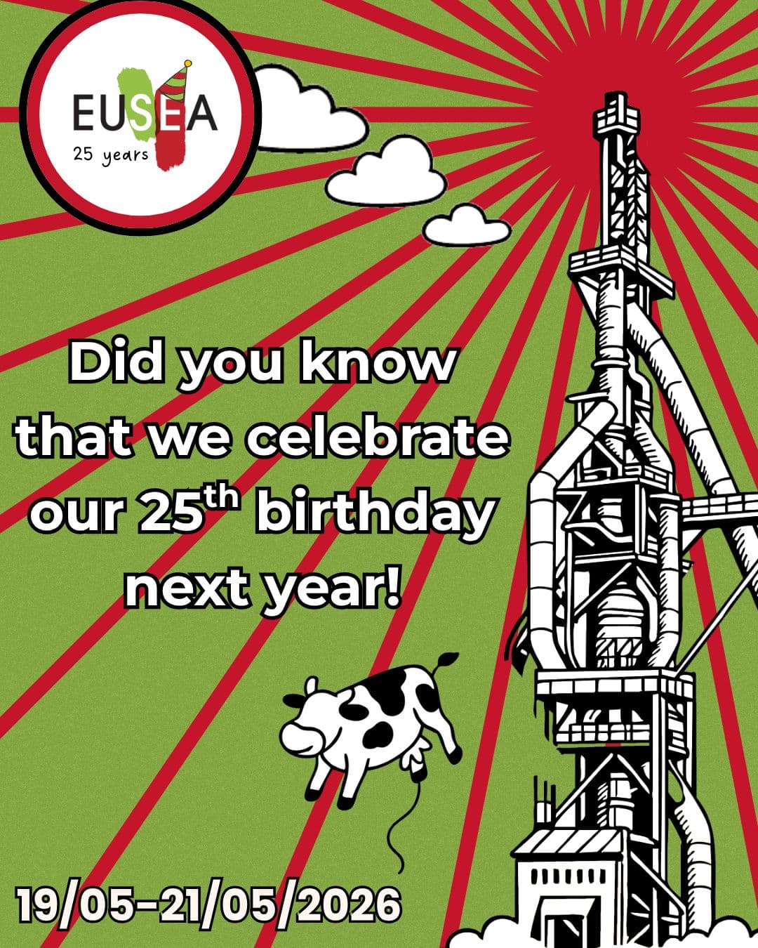 EUSEA 25th birthday graphic with an illustrated Belval blast furnace and a cow, May 2026